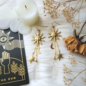 Quartz Point Mystic Boho Sun Moon Dangle Earrings